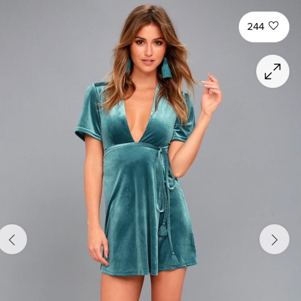 Billabong Teal Blue Velvet Wrap Tassel Mini Dress